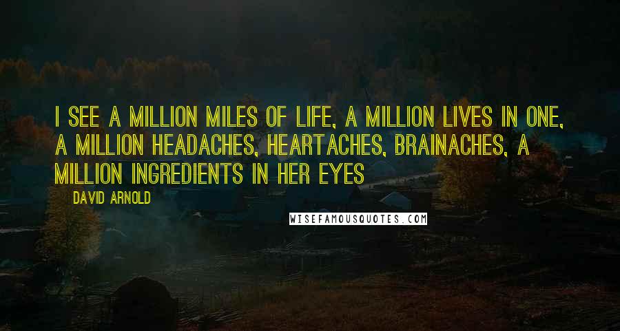 David Arnold Quotes: I see a million miles of life, a million lives in one, a million headaches, heartaches, brainaches, a million ingredients in her eyes