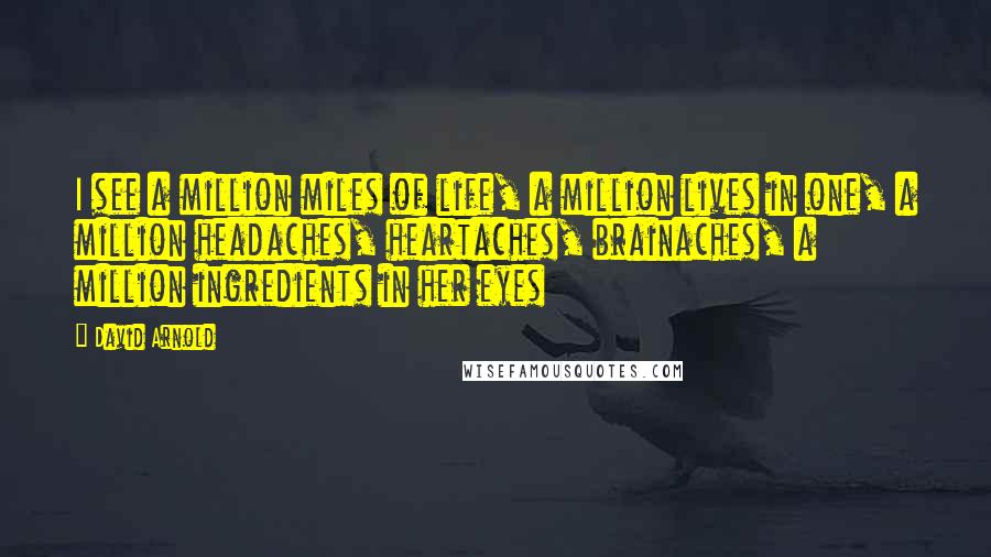 David Arnold Quotes: I see a million miles of life, a million lives in one, a million headaches, heartaches, brainaches, a million ingredients in her eyes