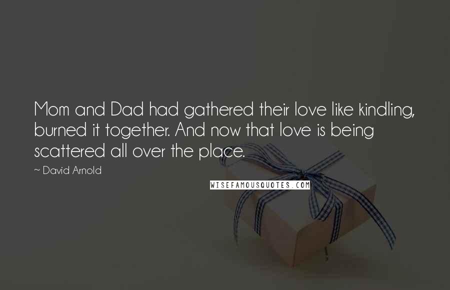 David Arnold Quotes: Mom and Dad had gathered their love like kindling, burned it together. And now that love is being scattered all over the place.