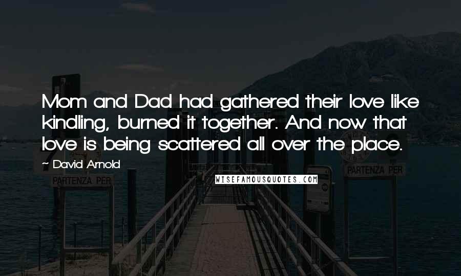 David Arnold Quotes: Mom and Dad had gathered their love like kindling, burned it together. And now that love is being scattered all over the place.