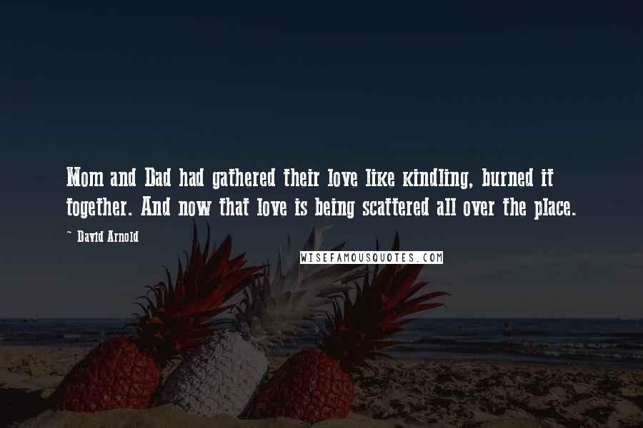 David Arnold Quotes: Mom and Dad had gathered their love like kindling, burned it together. And now that love is being scattered all over the place.