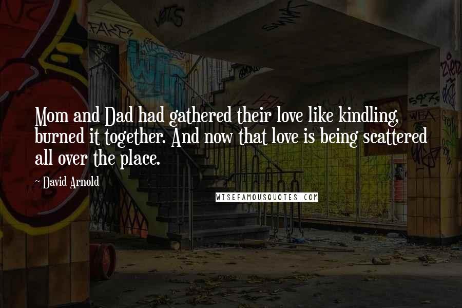 David Arnold Quotes: Mom and Dad had gathered their love like kindling, burned it together. And now that love is being scattered all over the place.