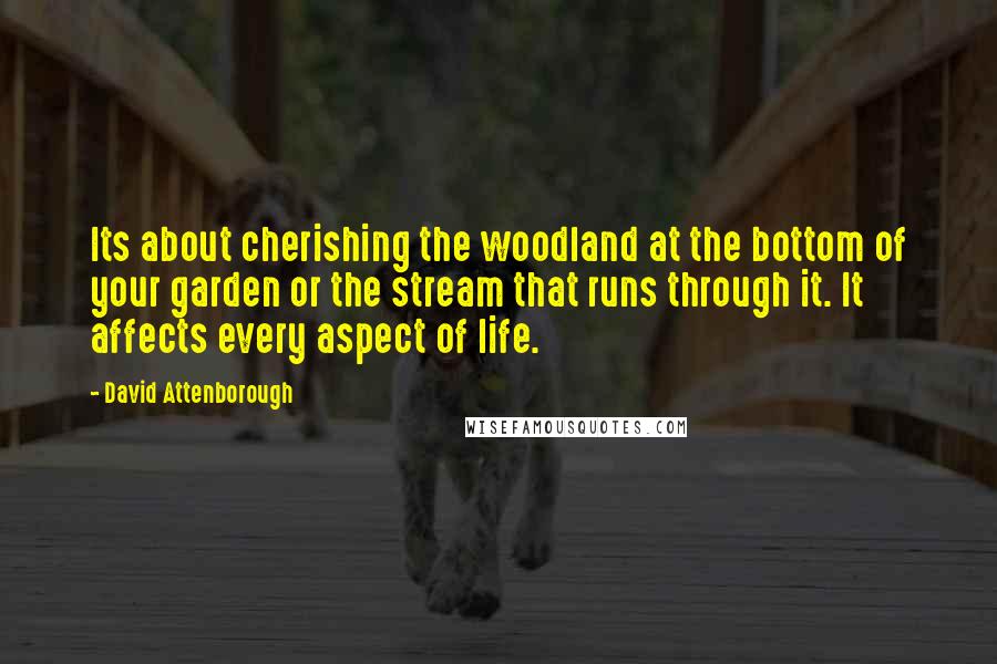 David Attenborough Quotes: Its about cherishing the woodland at the bottom of your garden or the stream that runs through it. It affects every aspect of life.