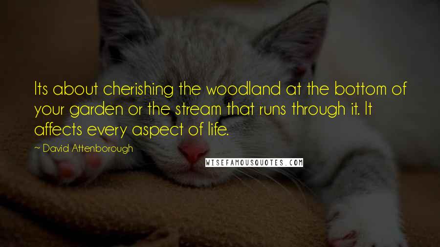 David Attenborough Quotes: Its about cherishing the woodland at the bottom of your garden or the stream that runs through it. It affects every aspect of life.