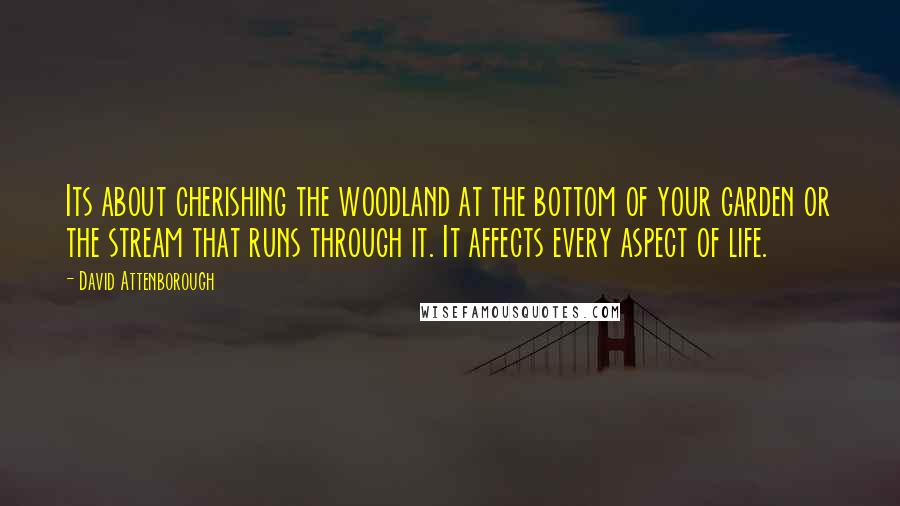 David Attenborough Quotes: Its about cherishing the woodland at the bottom of your garden or the stream that runs through it. It affects every aspect of life.