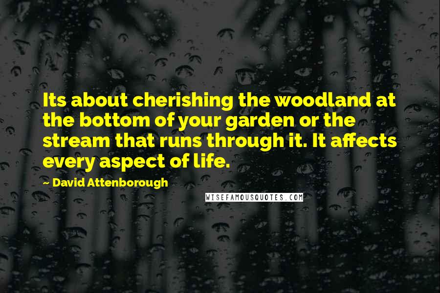 David Attenborough Quotes: Its about cherishing the woodland at the bottom of your garden or the stream that runs through it. It affects every aspect of life.