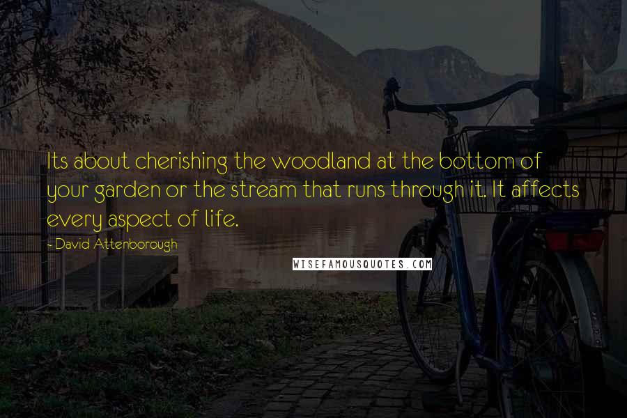 David Attenborough Quotes: Its about cherishing the woodland at the bottom of your garden or the stream that runs through it. It affects every aspect of life.