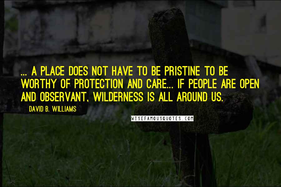 David B. Williams Quotes: ... a place does not have to be pristine to be worthy of protection and care... If people are open and observant, wilderness is all around us.