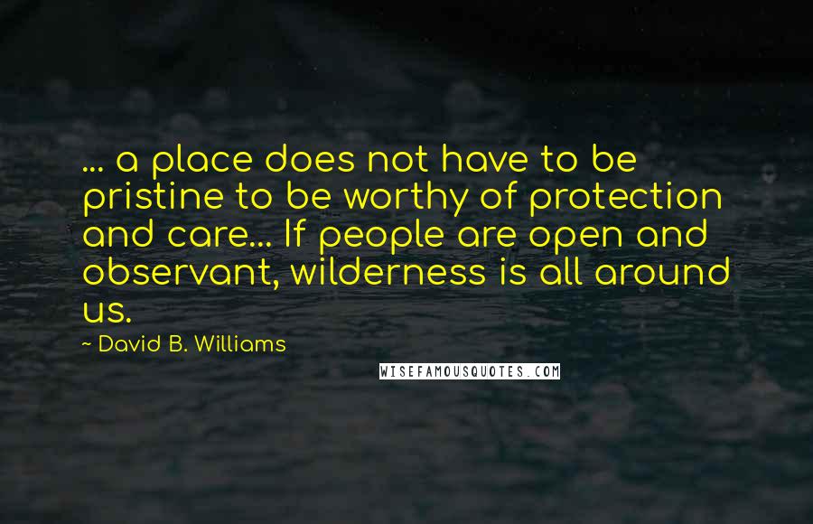 David B. Williams Quotes: ... a place does not have to be pristine to be worthy of protection and care... If people are open and observant, wilderness is all around us.