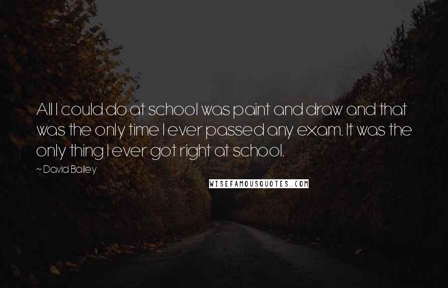 David Bailey Quotes: All I could do at school was paint and draw and that was the only time I ever passed any exam. It was the only thing I ever got right at school.