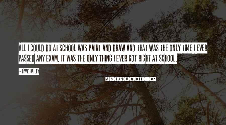 David Bailey Quotes: All I could do at school was paint and draw and that was the only time I ever passed any exam. It was the only thing I ever got right at school.