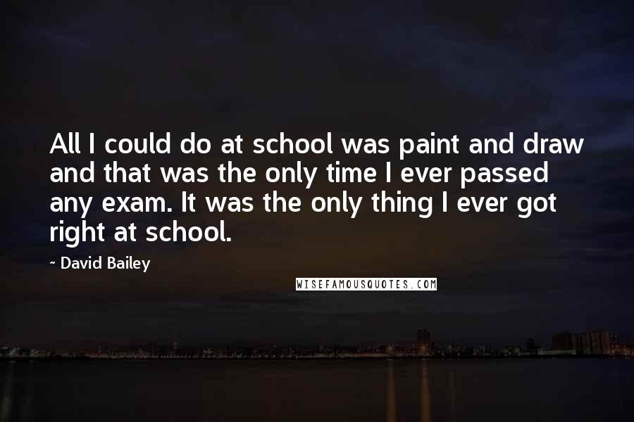 David Bailey Quotes: All I could do at school was paint and draw and that was the only time I ever passed any exam. It was the only thing I ever got right at school.