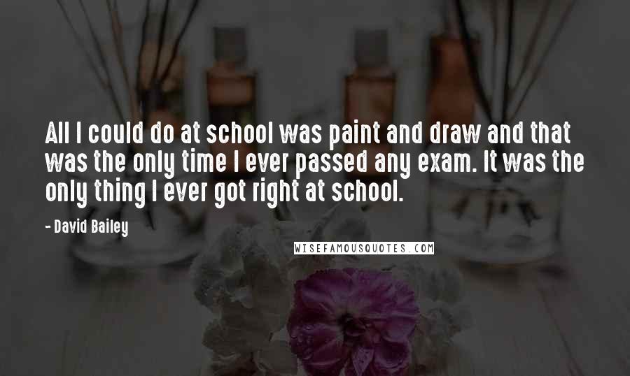 David Bailey Quotes: All I could do at school was paint and draw and that was the only time I ever passed any exam. It was the only thing I ever got right at school.