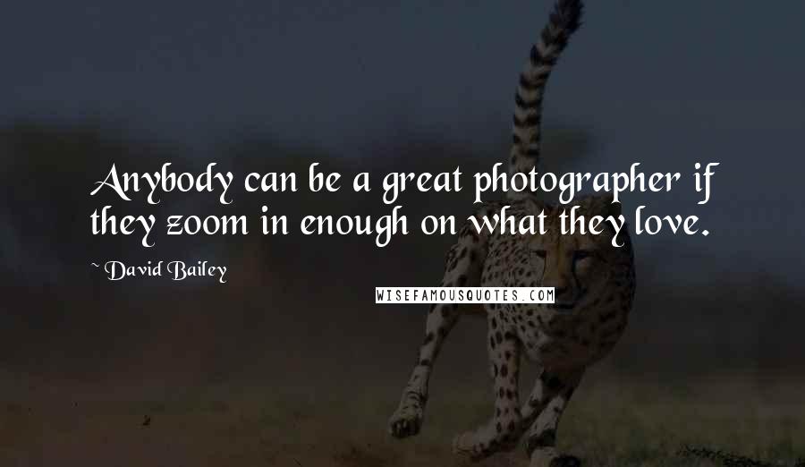 David Bailey Quotes: Anybody can be a great photographer if they zoom in enough on what they love.