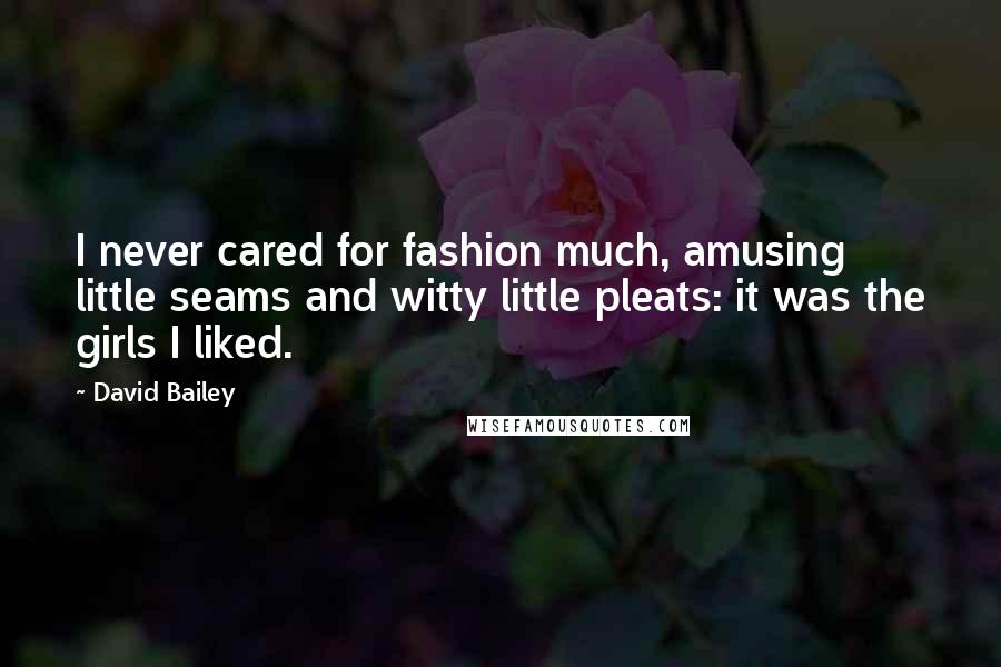 David Bailey Quotes: I never cared for fashion much, amusing little seams and witty little pleats: it was the girls I liked.