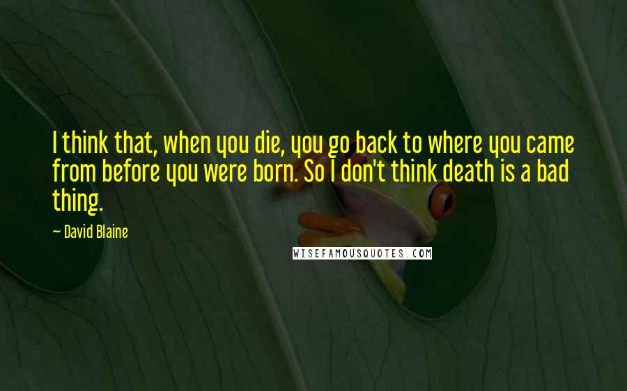 David Blaine Quotes: I think that, when you die, you go back to where you came from before you were born. So I don't think death is a bad thing.