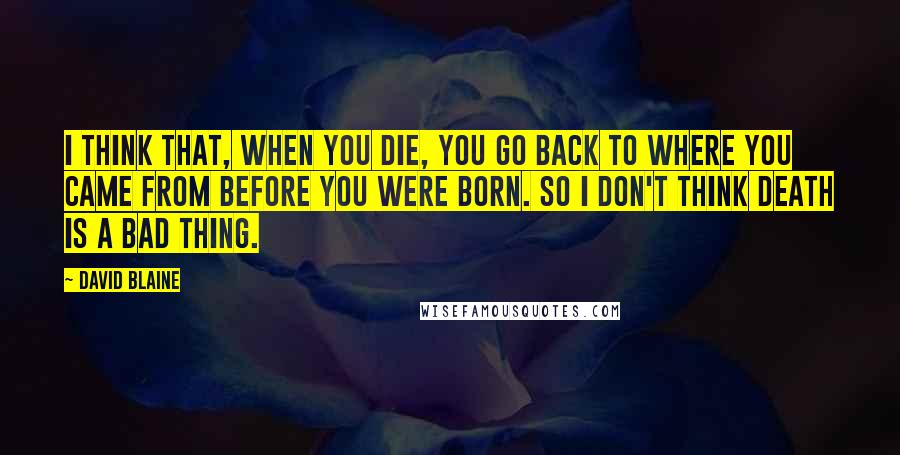 David Blaine Quotes: I think that, when you die, you go back to where you came from before you were born. So I don't think death is a bad thing.