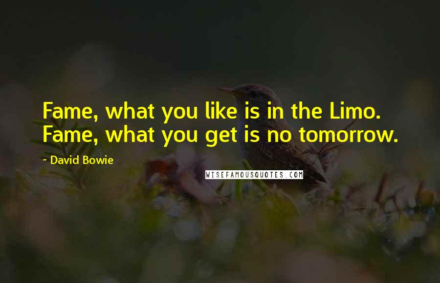 David Bowie Quotes: Fame, what you like is in the Limo. Fame, what you get is no tomorrow.