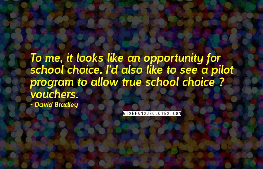 David Bradley Quotes: To me, it looks like an opportunity for school choice. I'd also like to see a pilot program to allow true school choice ? vouchers.