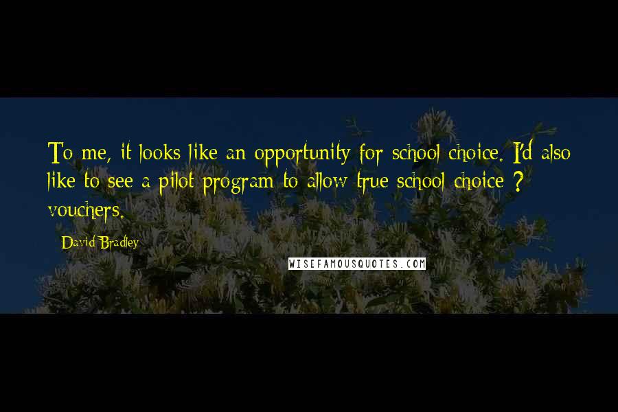 David Bradley Quotes: To me, it looks like an opportunity for school choice. I'd also like to see a pilot program to allow true school choice ? vouchers.