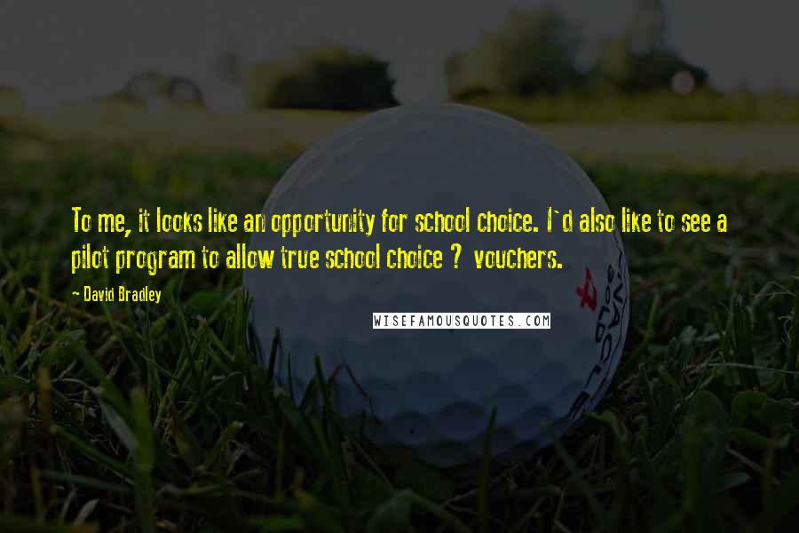 David Bradley Quotes: To me, it looks like an opportunity for school choice. I'd also like to see a pilot program to allow true school choice ? vouchers.