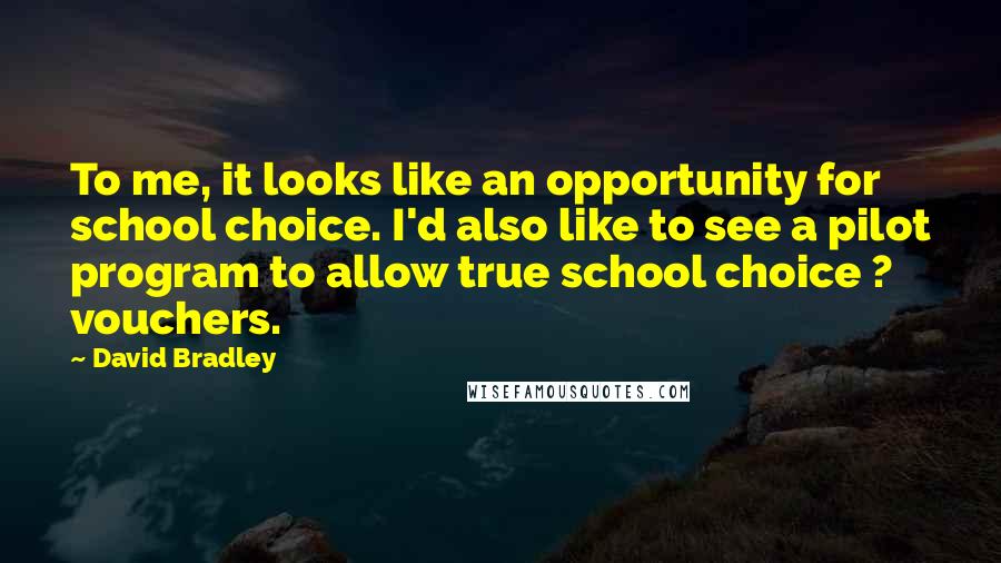 David Bradley Quotes: To me, it looks like an opportunity for school choice. I'd also like to see a pilot program to allow true school choice ? vouchers.