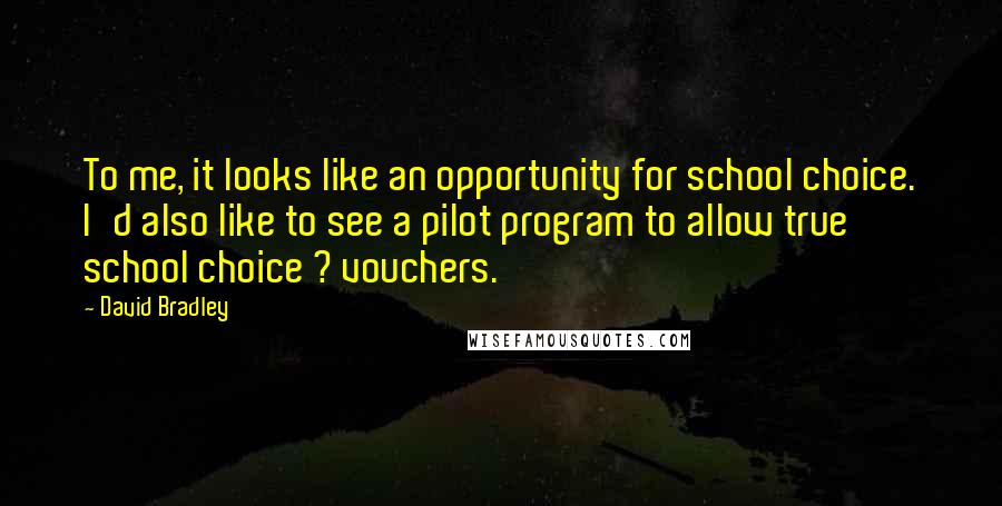 David Bradley Quotes: To me, it looks like an opportunity for school choice. I'd also like to see a pilot program to allow true school choice ? vouchers.