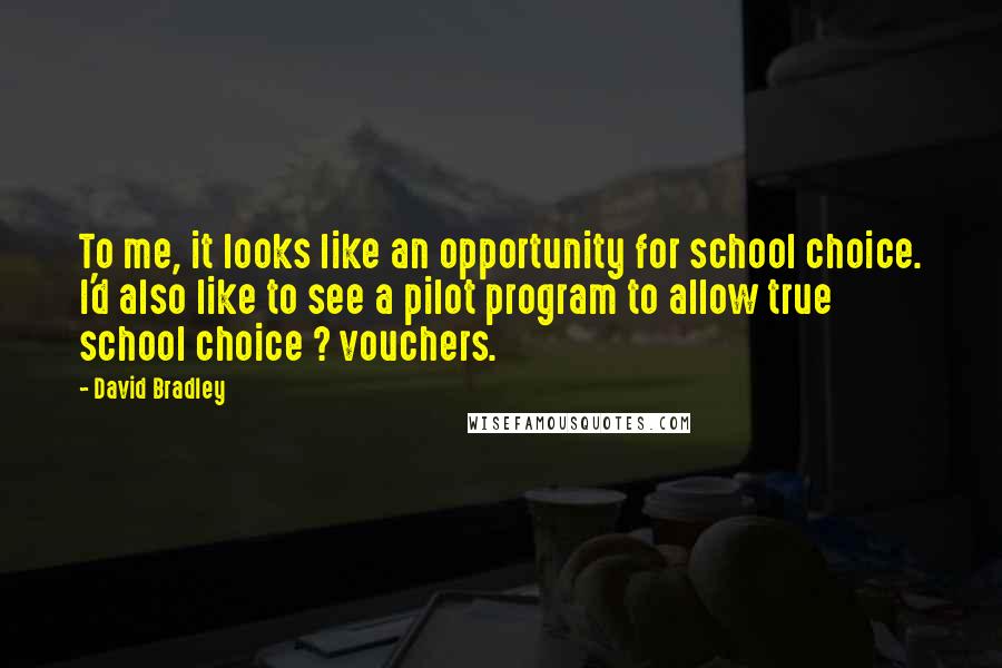 David Bradley Quotes: To me, it looks like an opportunity for school choice. I'd also like to see a pilot program to allow true school choice ? vouchers.