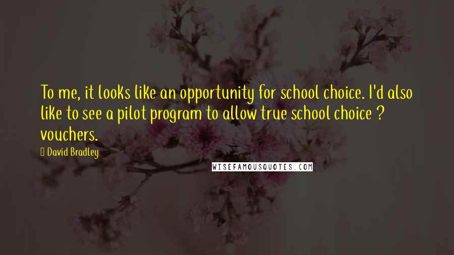 David Bradley Quotes: To me, it looks like an opportunity for school choice. I'd also like to see a pilot program to allow true school choice ? vouchers.