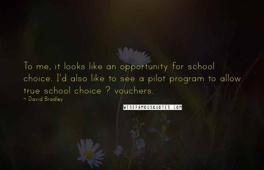 David Bradley Quotes: To me, it looks like an opportunity for school choice. I'd also like to see a pilot program to allow true school choice ? vouchers.