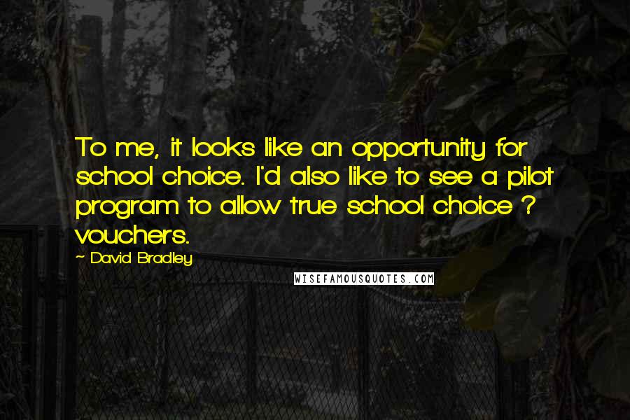 David Bradley Quotes: To me, it looks like an opportunity for school choice. I'd also like to see a pilot program to allow true school choice ? vouchers.