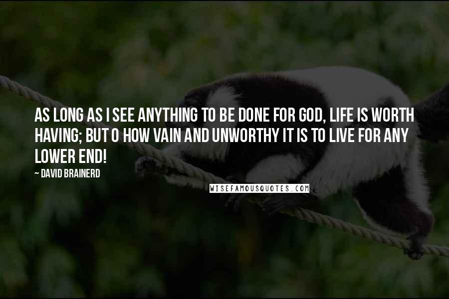 David Brainerd Quotes: As long as I see anything to be done for God, life is worth having; but O how vain and unworthy it is to live for any lower end!