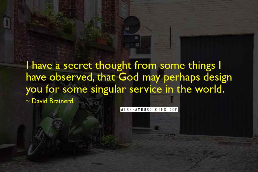 David Brainerd Quotes: I have a secret thought from some things I have observed, that God may perhaps design you for some singular service in the world.