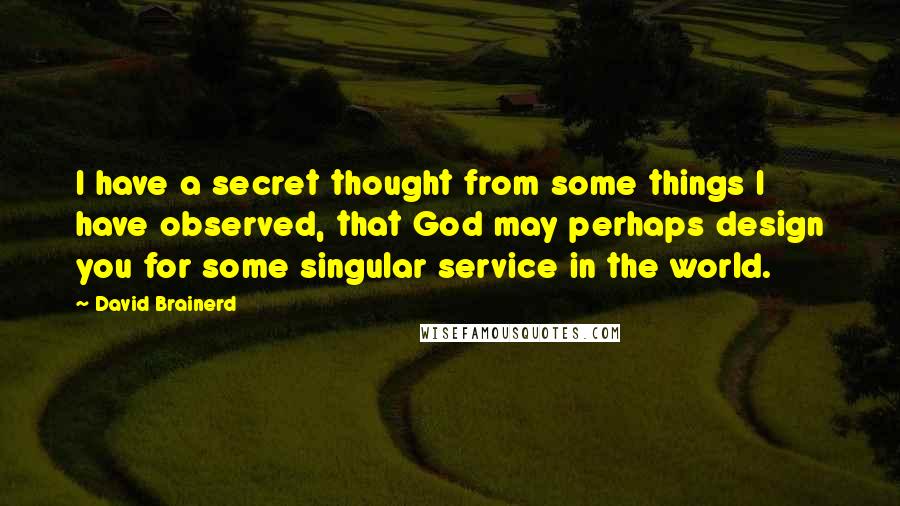 David Brainerd Quotes: I have a secret thought from some things I have observed, that God may perhaps design you for some singular service in the world.