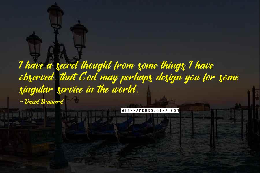 David Brainerd Quotes: I have a secret thought from some things I have observed, that God may perhaps design you for some singular service in the world.