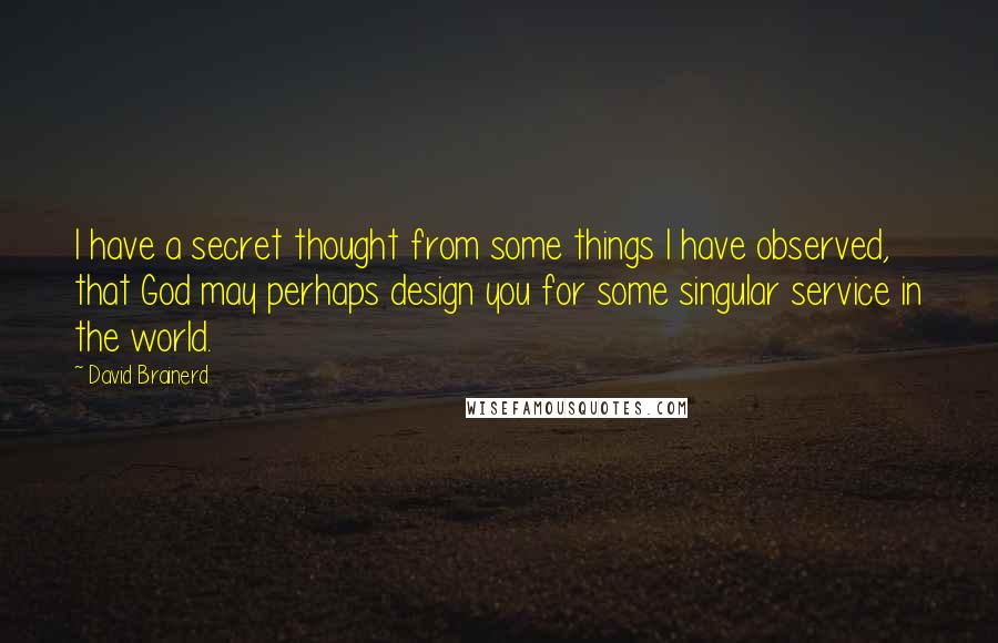 David Brainerd Quotes: I have a secret thought from some things I have observed, that God may perhaps design you for some singular service in the world.