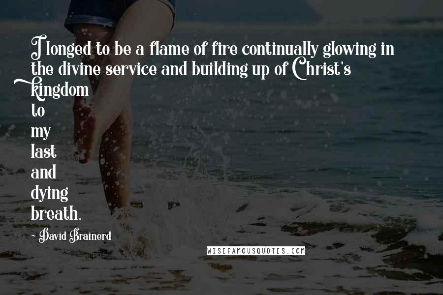 David Brainerd Quotes: I longed to be a flame of fire continually glowing in the divine service and building up of Christ's kingdom to my last and dying breath.