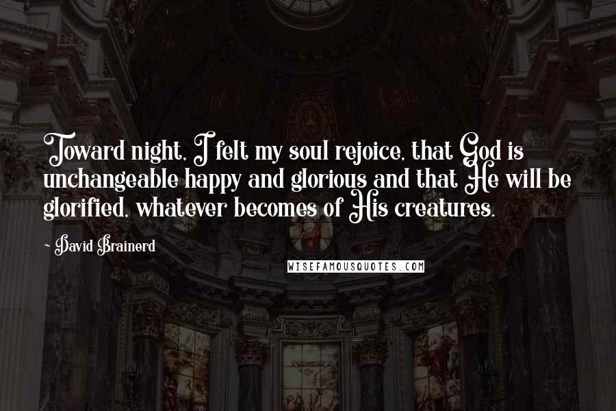 David Brainerd Quotes: Toward night, I felt my soul rejoice, that God is unchangeable happy and glorious and that He will be glorified, whatever becomes of His creatures.