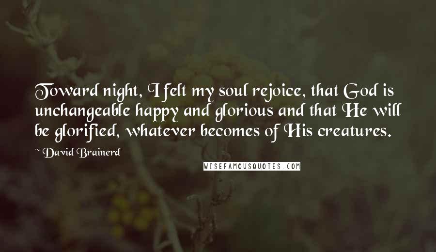 David Brainerd Quotes: Toward night, I felt my soul rejoice, that God is unchangeable happy and glorious and that He will be glorified, whatever becomes of His creatures.