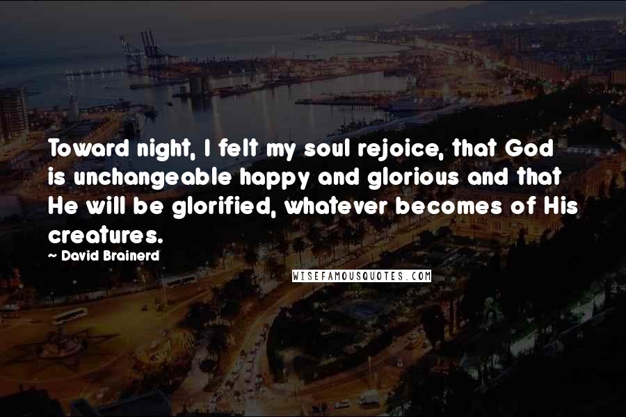 David Brainerd Quotes: Toward night, I felt my soul rejoice, that God is unchangeable happy and glorious and that He will be glorified, whatever becomes of His creatures.