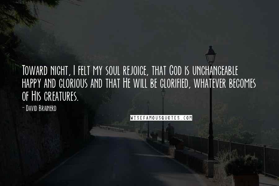 David Brainerd Quotes: Toward night, I felt my soul rejoice, that God is unchangeable happy and glorious and that He will be glorified, whatever becomes of His creatures.