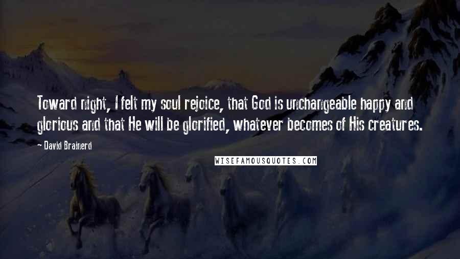 David Brainerd Quotes: Toward night, I felt my soul rejoice, that God is unchangeable happy and glorious and that He will be glorified, whatever becomes of His creatures.