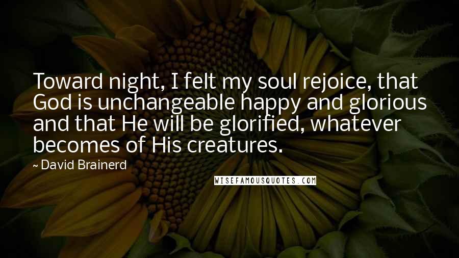 David Brainerd Quotes: Toward night, I felt my soul rejoice, that God is unchangeable happy and glorious and that He will be glorified, whatever becomes of His creatures.