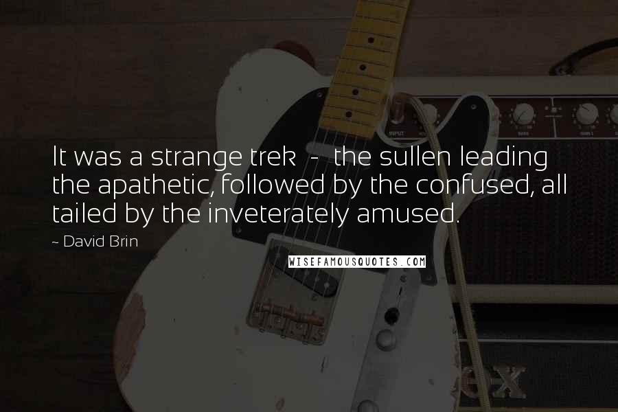David Brin Quotes: It was a strange trek  -  the sullen leading the apathetic, followed by the confused, all tailed by the inveterately amused.