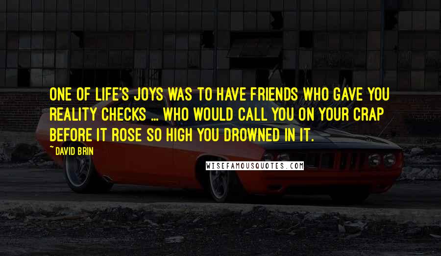 David Brin Quotes: One of life's joys was to have friends who gave you reality checks ... who would call you on your crap before it rose so high you drowned in it.