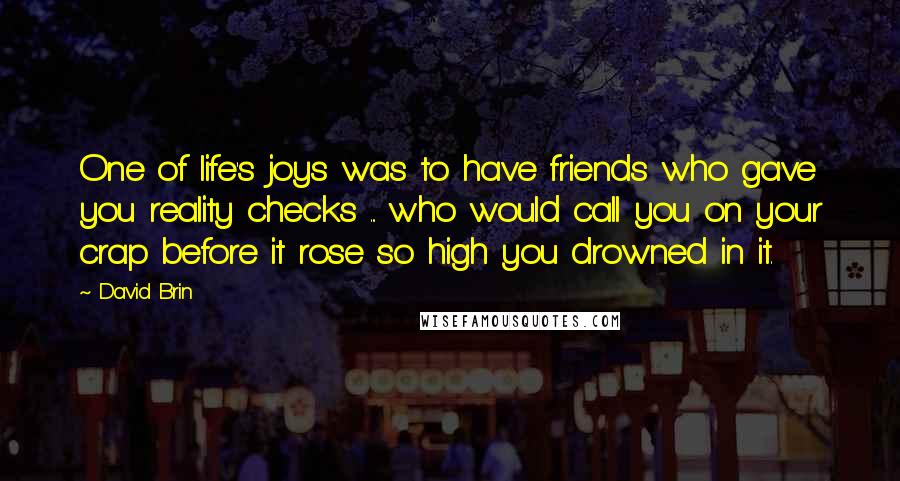 David Brin Quotes: One of life's joys was to have friends who gave you reality checks ... who would call you on your crap before it rose so high you drowned in it.