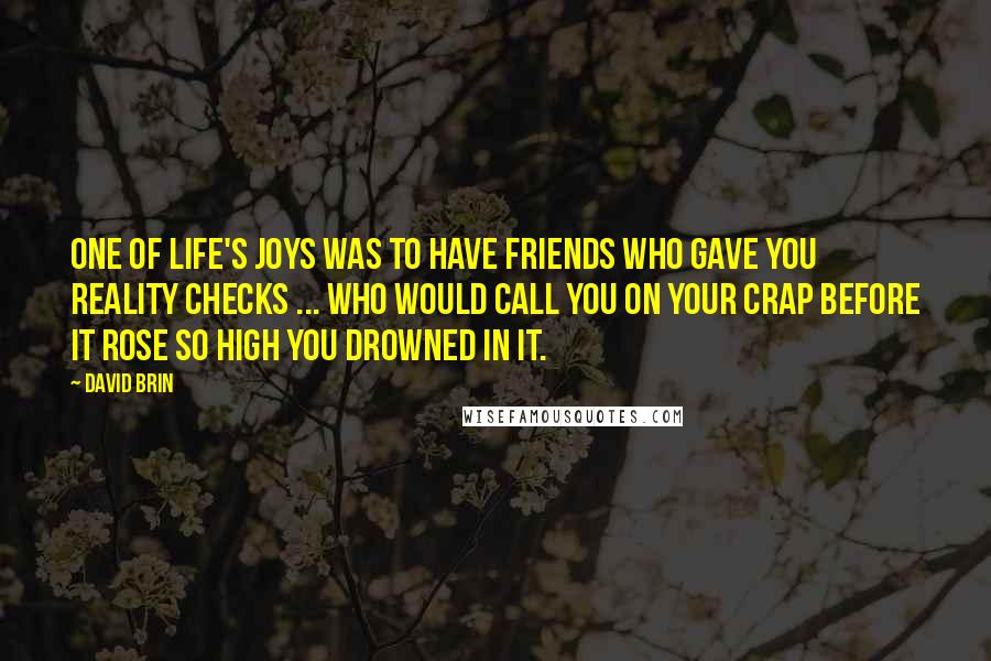 David Brin Quotes: One of life's joys was to have friends who gave you reality checks ... who would call you on your crap before it rose so high you drowned in it.