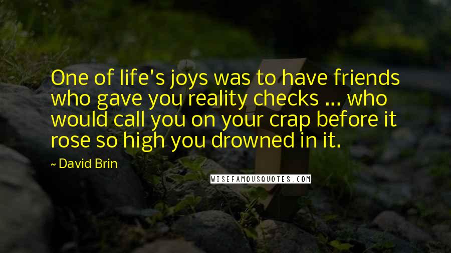 David Brin Quotes: One of life's joys was to have friends who gave you reality checks ... who would call you on your crap before it rose so high you drowned in it.