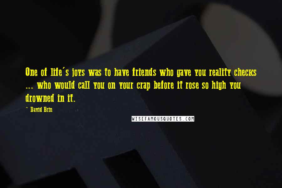 David Brin Quotes: One of life's joys was to have friends who gave you reality checks ... who would call you on your crap before it rose so high you drowned in it.