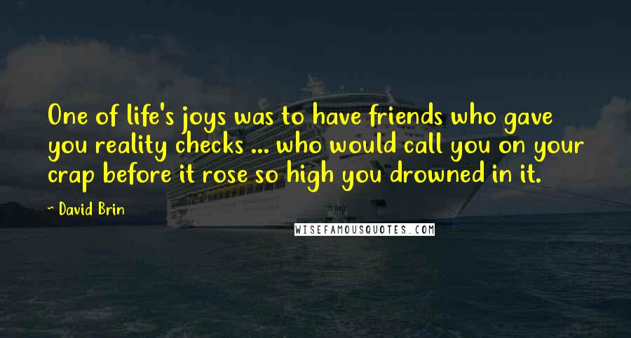 David Brin Quotes: One of life's joys was to have friends who gave you reality checks ... who would call you on your crap before it rose so high you drowned in it.